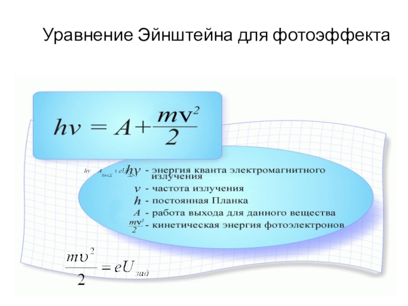 Фотоэффект уравнение эйнштейна фотоны. Уравнение Эйнштейна для фотоэффекта. Фотоэффект физика 11 класс формулы. Закон сохранения энергии для фотоэффекта формула. Уравнение фотоэффекта физика 11 класс.