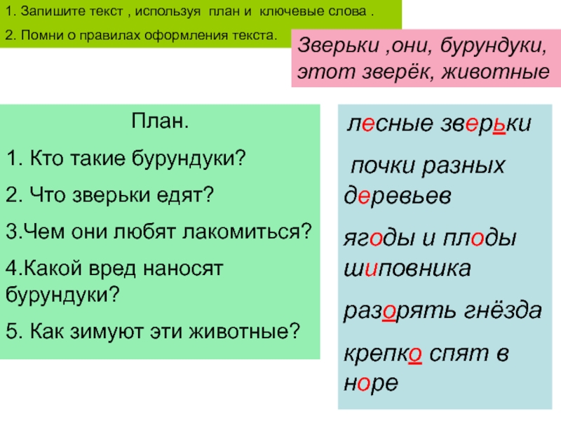 Используя план. Бурундуки это Лесные зверьки они едят. Они едят почки разных деревьев. Правила оформления текста 2 класс. Как оформлять слово план.