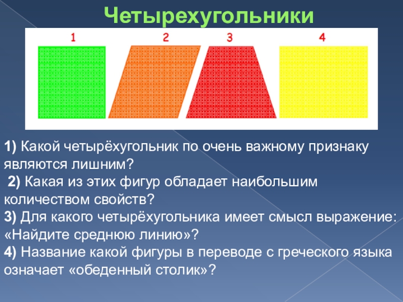 Какими свойствами обладают фигуры. Какие Четырехугольники. Какой четырехугольник по очень важному признаку является лишним. Какая из этих фигур обладает наибольшим количеством свойств. Какая из фигур обладает наибольшей устойчивостью.