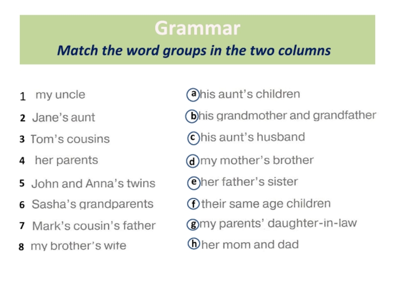 Grammar Match the word groups in the two columns12345678abcdefgh
