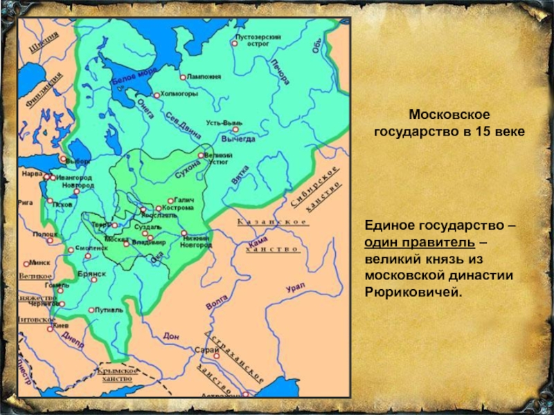 Московское государство в 15 векеЕдиное государство – один правитель – великий князь из московской династии Рюриковичей.