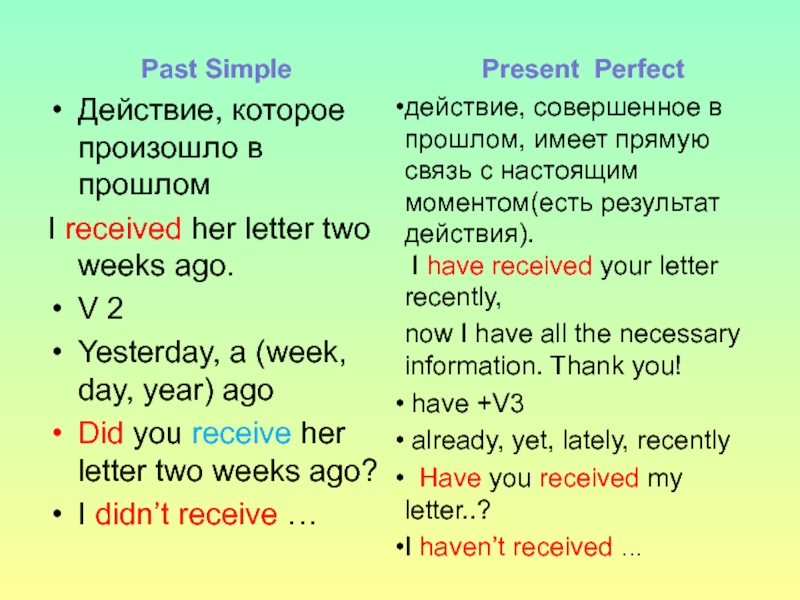 Past SimpleДействие, которое произошло в прошломI received her letter two weeks ago. V 2 Yesterday, a (week,