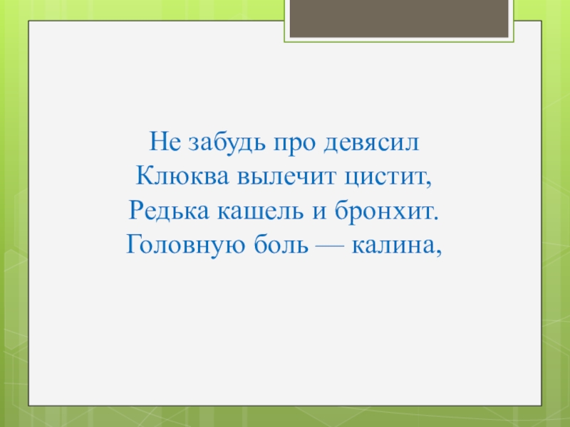 Не забудь про девясил Клюква вылечит цистит, Редька кашель и бронхит. Головную боль — калина,