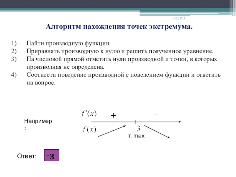 Точки экстремума производной. Алгоритм нахождения точек экстремума. Уравнение экстремума функции. Формула экстремума функции. Схема нахождения экстремума функции.