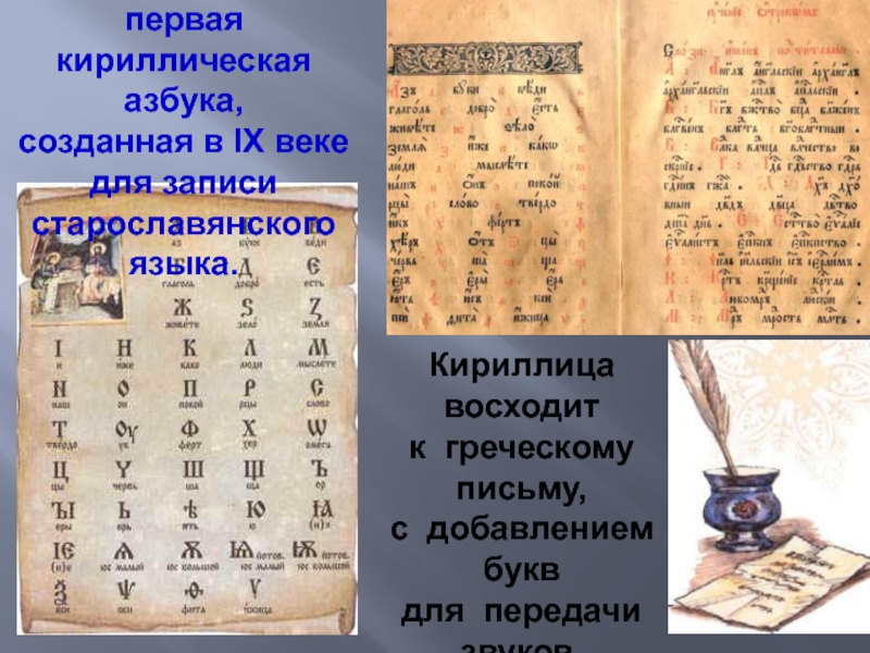 Век создания славянской азбуки. Первая Азбука кириллица. Славянская Азбука кириллица. Кириллица 9 век. Создание славянской азбуки.