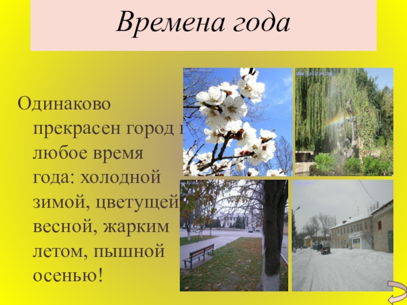 Времена годаОдинаково прекрасен город в любое время года: холодной зимой, цветущей весной, жарким летом, пышной осенью!