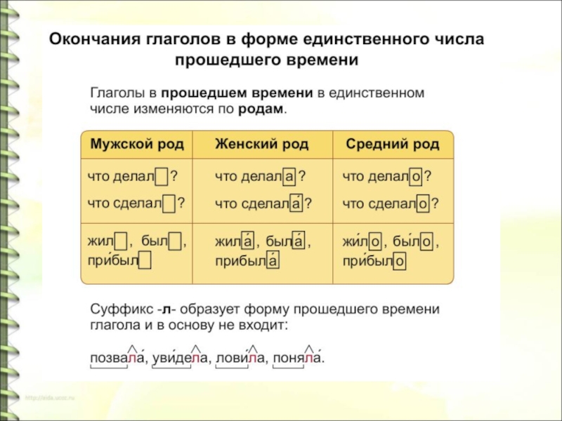 Изменение глаголов в прошедшем времени по родам в единственном числе 3 класс презентация