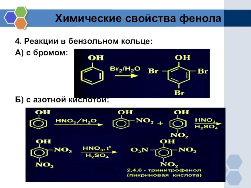 Бром кислотный. Химические свойства фенола бензольным кольцом. Реакции по гидроксильной группе фенола. Реакции бензольного кольца фенола. Реакции с участием бензольного кольца фенола.