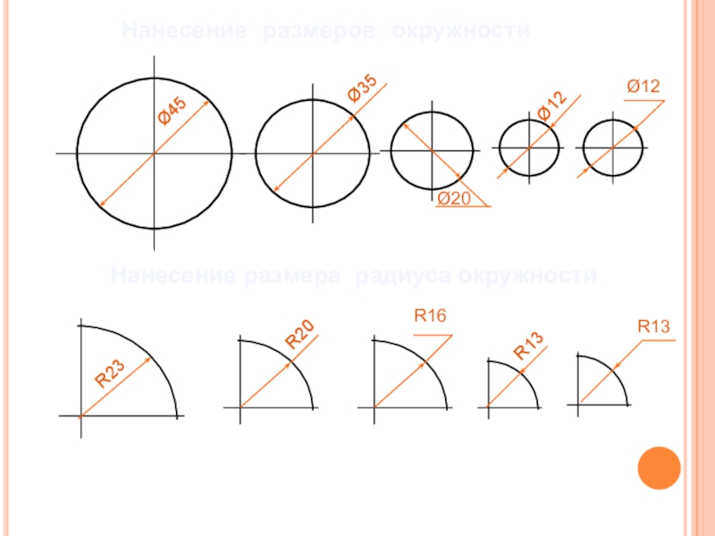Нанесение размеров окружностиØ45Ø35Ø20Ø12Ø12Нанесение размера радиуса окружностиR23R16R20R13R13