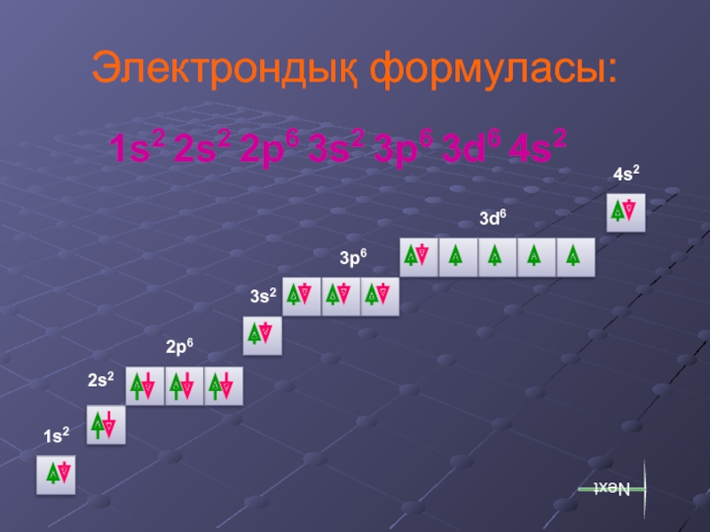 Электрондық формуласы:1s2 2s2 2p6 3s2 3p6 3d6 4s21s22s22p63s23p63d64s2Next