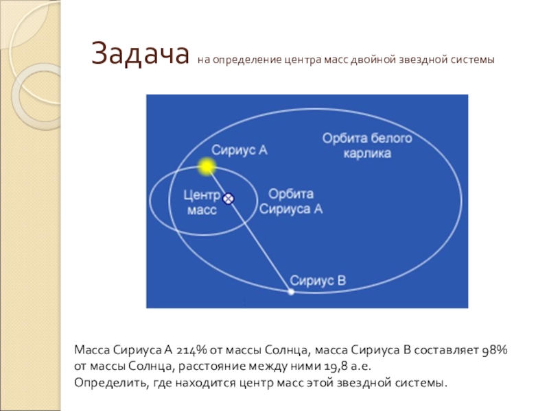 10 10 масс солнца. Центр масс двойной системы. Расстояние до центра масс. Сириус задачи. Задача на определения центра масс.
