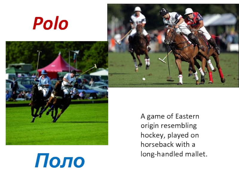 PoloПолоA game of Eastern origin resembling hockey, played on horseback with a long-handled mallet.