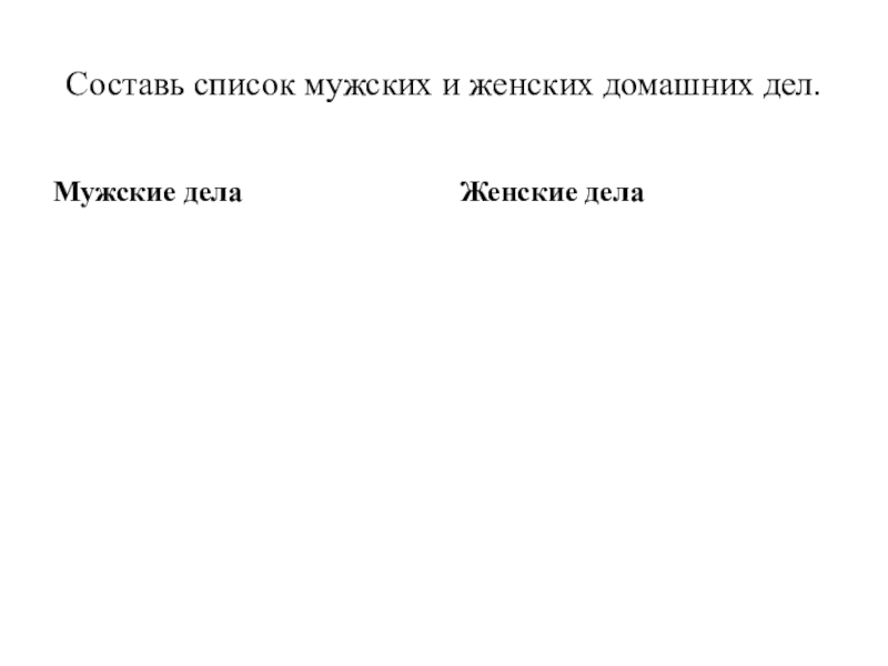 Мужские дела женские дела. Составь список мужских и женских домашних дел. Составьте список мужских и женских домашних дел. Мужские дела список. Составь список мужских и женских.