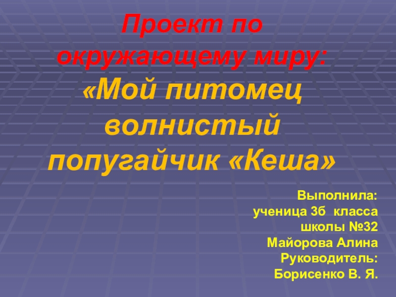 Презентация Презентация по окружающему миру на тему: Проект Мой питомец, попугай Кеша