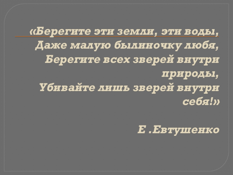 «Берегите эти земли, эти воды, Даже малую былиночку любя, Берегите всех зверей внутри природы, Убивайте лишь