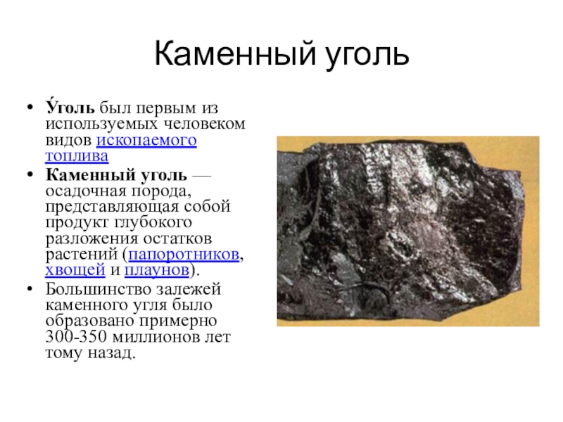 Каменный угольУ́голь был первым из используемых человеком видов ископаемого топлива Каменный уголь — осадочная порода, представляющая собой