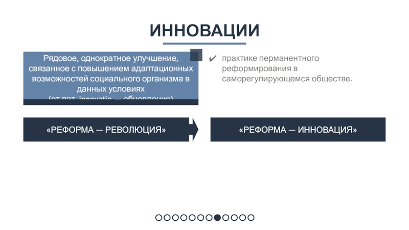 Рядовое, однократное улучшение, связанное с повышением адаптационных возможностей социального организма в данных условиях (от лат. innovatio —