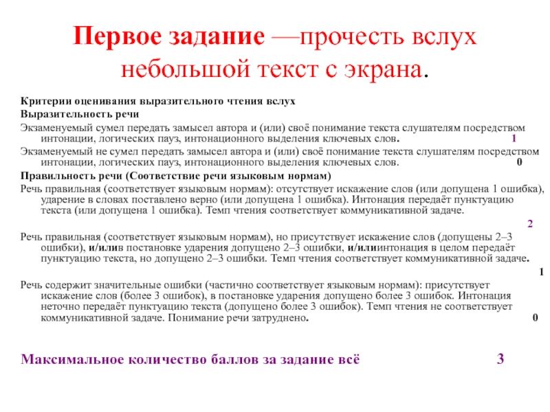 Первое задание —прочесть вслух небольшой текст с экрана.Критерии оценивания выразительного чтения вслухВыразительность речиЭкзаменуемый сумел передать замысел автора