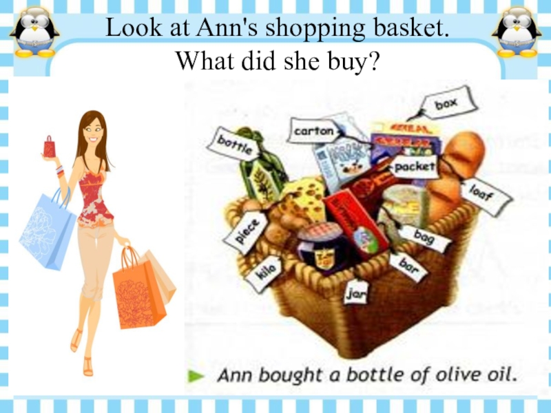 Look at Ann's shopping basket.  What did she buy?