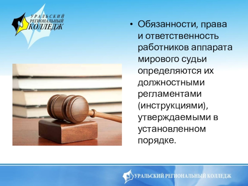 Обязанности, права и ответственность работников аппарата мирового судьи определяются их должностными регламентами (инструкциями), утверждаемыми в установленном порядке.