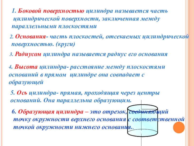 Боковая поверхность цилиндра является. Боковая поверхность цилиндра. Боковаяповерхность цилиндр. Цилиндр его основания образующая боковая поверхность высота. Что называется боковой поверхностью цилиндра.