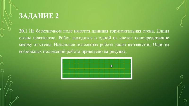 На бесконечном поле имеется стена. На бесконечном поле имеется горизонтальная стена. На бесконечном клетчатом поле имеется длинная. На бесконечном клетчатом поле имеется горизонтальная стена длина. На бесконечном клетчатом находится длинная горизонтальная стена.