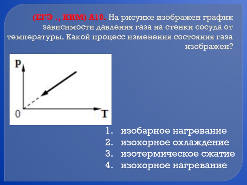 (ЕГЭ ., КИМ) А10. На рисунке изображен график зависимости давления газа на стенки сосуда от температуры. Какой