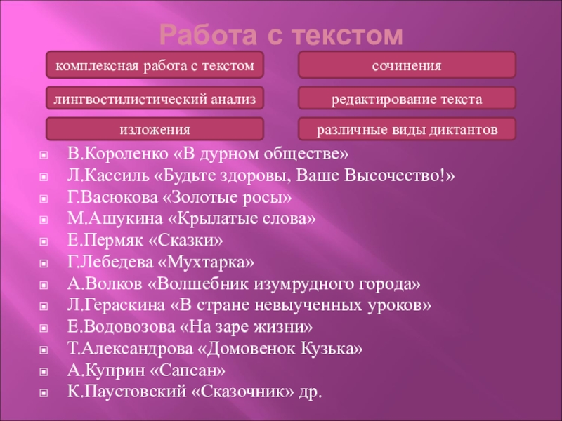 Работа с текстомВ.Короленко «В дурном обществе»Л.Кассиль «Будьте здоровы, Ваше Высочество!»Г.Васюкова «Золотые росы»М.Ашукина «Крылатые слова»Е.Пермяк «Сказки»Г.Лебедева «Мухтарка»А.Волков «Волшебник