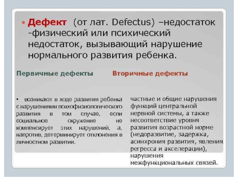 Слово дефект. Дефект нарушения психофизического развития. Первичные и вторичные дефекты развития. Понятие психического дефекта.