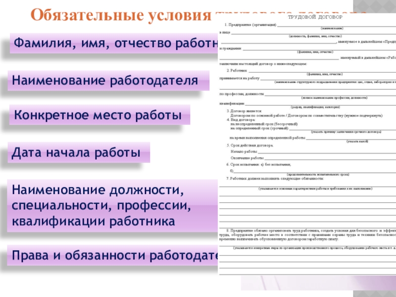 Договор фамилия. Трудовая функция, профессия, специальность, квалификация, должность.. Наименование работодателя. Название места работы. Наименование квалификации профессии специальности.