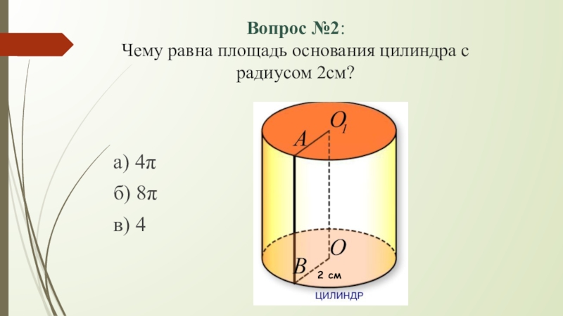 Площадь основания цилиндра 4. Площадь основания цилиндра формула. Чему равна площадь основания цилиндра с радиусом 2 см. Чему равна площадь основания цилиндра с радиусом 2. Чему равна площадь основания цилиндра.