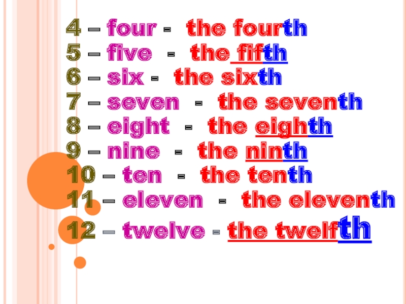 4 – four - the fourth5 – five - the fifth6 – six - the sixth7