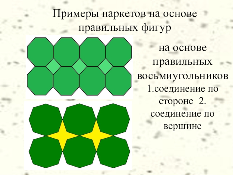 Примеры паркетов на основе правильных фигур на основе правильных восьмиугольников 1.соединение по стороне 2.соединение по вершине