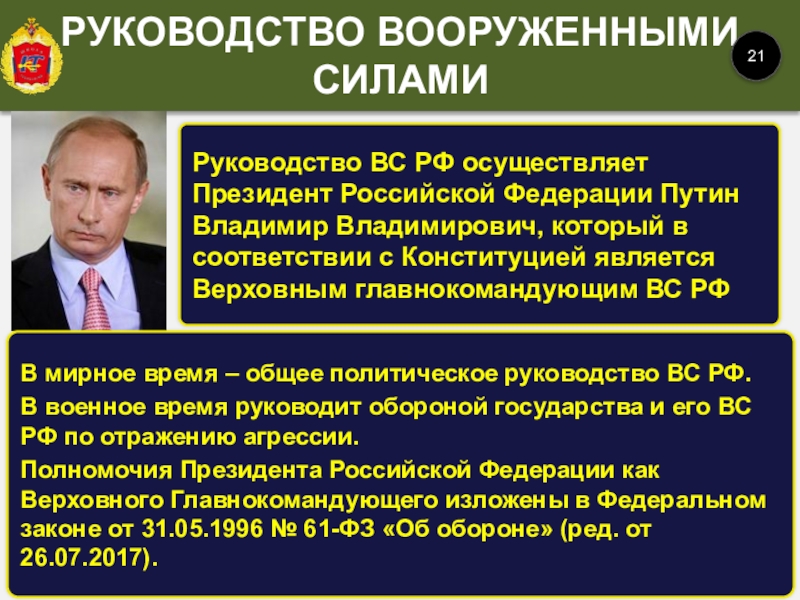 Руководство ВС РФ осуществляет Президент Российской Федерации Путин Владимир Владимирович, который в соответствии с Конституцией является Верховным