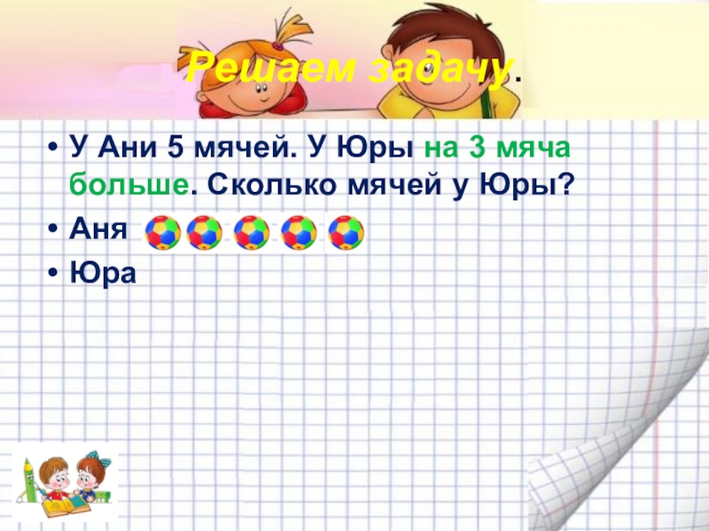 Сколько мячей. Задача у Юры была. Задача у Вани было 5 мячей. Аня … На 2 больше: сколько.