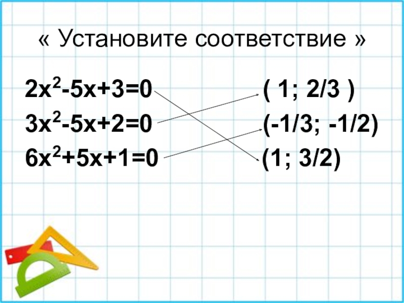 « Установите соответствие »2x2-5x+3=0        ( 1; 2/3 )3x2-5x+2=0