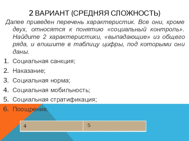 2 вариант (средняя сложность)Далее приведен перечень характеристик. Все они, кроме двух, относятся к понятию «социальный контроль». Найдите