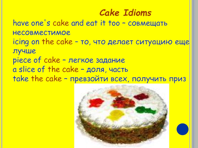 Cake Idioms have one's cake and eat it too – совмещать несовместимоеicing on the cake – то,