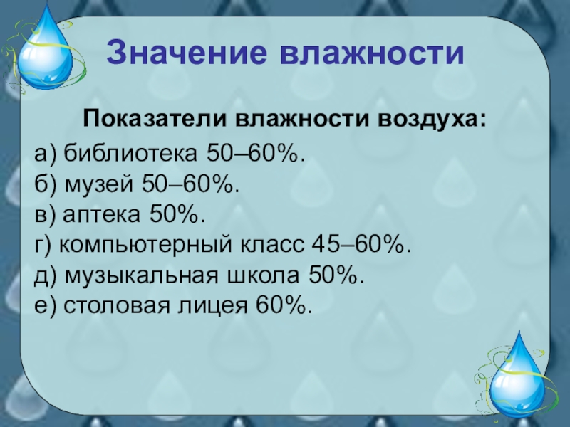 Влажность величина. Значение влажности. Показатели влажности воздуха в аптеке. Значение влажности воздуха в библиотеке. Значение влажности в физике.