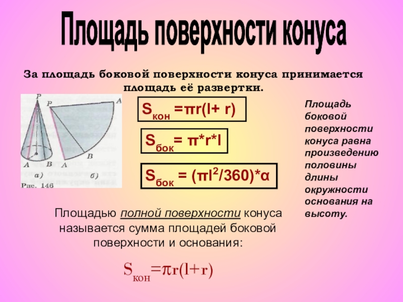 Площадь поверхности конуса 12