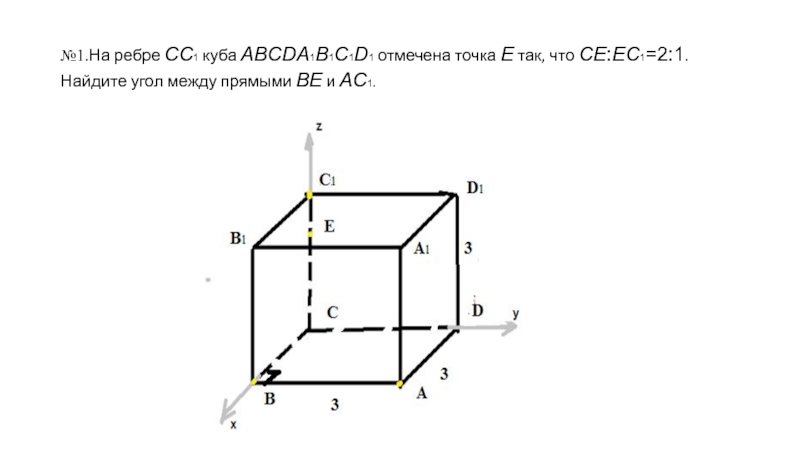 №1.На ребре CC​1 куба ABCDA​1B1C1D1 отмечена точка E так, что CE:EC​1=2:1. Найдите угол между прямыми BE и AC​1.