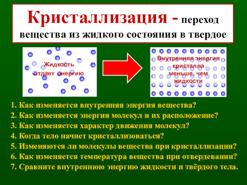 Как изменяется внутренняя энергия при переходе. Внутренняя энергия при кристаллизации. Переход твердого вещества в жидкое. При кристаллизации вещества энергия. Кристаллизации из жидкого в твердое.