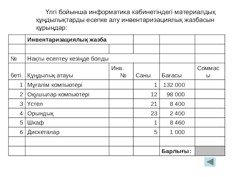 Үлгі бойынша информатика кабинетіндегі материалдық құңдылықтарды есепке алу