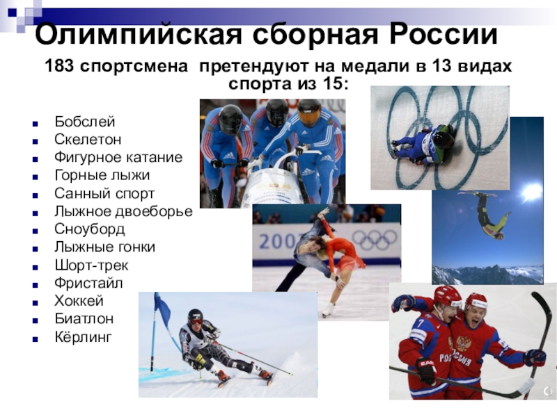 Олимпийская сборная России 183 спортсмена претендуют на медали в 13 видах спорта из 15: Бобслей Скелетон Фигурное