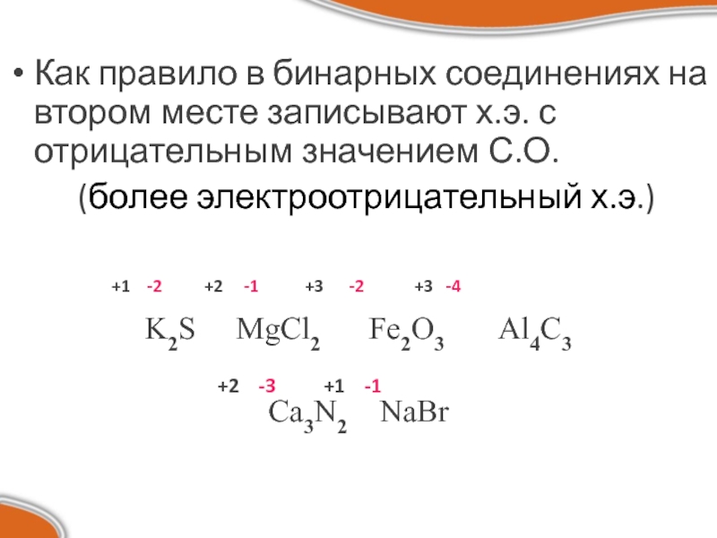 Как правило в бинарных соединениях на втором месте записывают х.э. с отрицательным значением С.О.  (более электроотрицательный