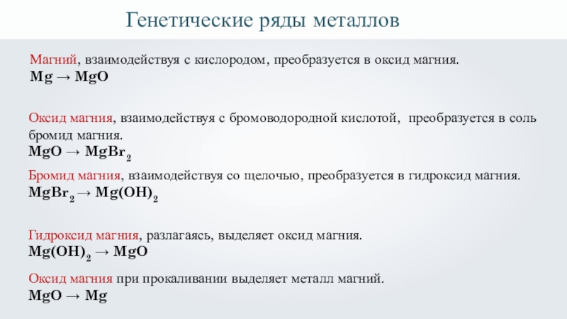 Составьте генетический ряд магния используя схему металл основный оксид основание соль