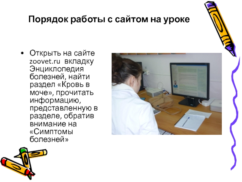Порядок работы с сайтом на уроке Открыть на сайте zoovet.ru вкладку Энциклопедия болезней, найти раздел «Кровь в
