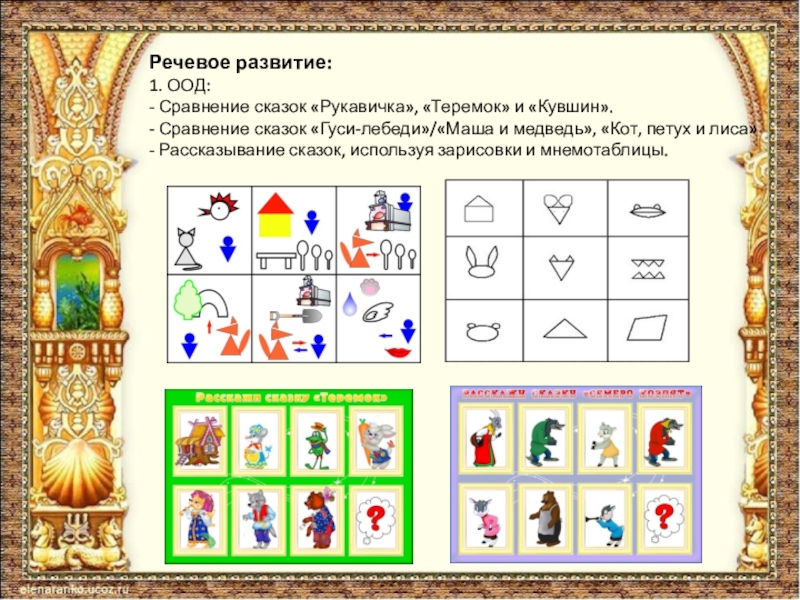 Речевое развитие: 1. ООД: - Сравнение сказок «Рукавичка», «Теремок» и «Кувшин». - Сравнение сказок «Гуси-лебеди»/«Маша и медведь»,