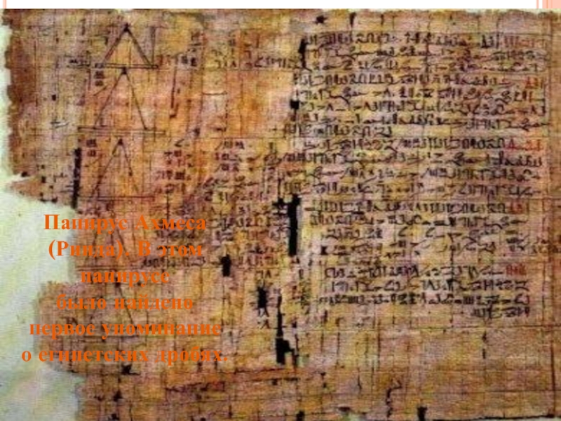 Папирус Ахмеса (Ринда). В этом папирусе было найденопервое упоминаниео египетских дробях.