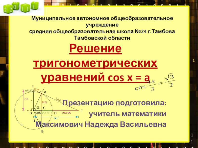 Презентация Урок математики в 10 классе Решение тригонометрических уравнений cosх = а